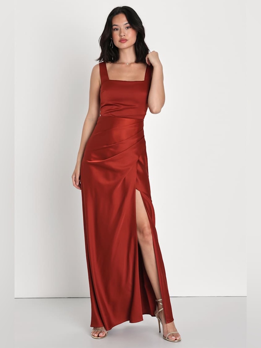Lulus Red Carpet Romance Rust Orange Satin Square Neck Maxi Dress Size S NWT
